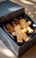 Gingerbread Man cookies presented in gift box display. Gingerbread Cookies decorated with frosting, icing. Christmas cookie.	