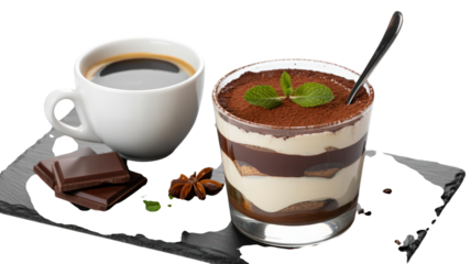Elegant Tiramisu Dessert in Glass Cup with Coffee Drink Featuring Cocoa Powder Garnish and Chocolate Square Italian Coffee Flavored Confection Served with Fresh Mint