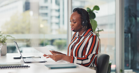 Telemarketing, document and woman with headset, call center or reading inquire for customer...