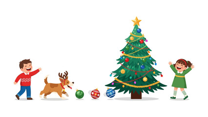 Joyful Holiday Gathering: A festive Christmas scene unfolds as a cheerful boy and girl frolic with a playful dog adorned with reindeer antlers, adding a touch of whimsy.