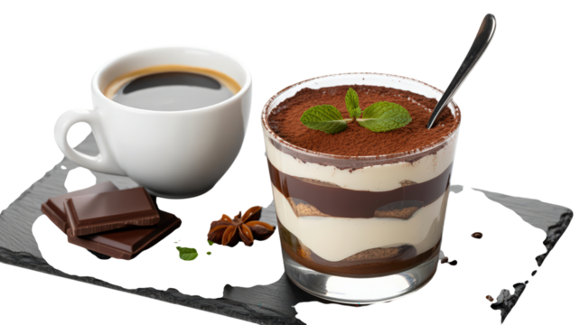 Elegant Tiramisu Dessert in Glass Cup with Coffee Drink Featuring Cocoa Powder Garnish and Chocolate Square Italian Coffee Flavored Confection Served with Fresh Mint