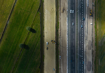 Aerial view of motorway widening construction site in the Netherlands