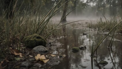 Fototapeta premium A moody wetland scene features water reflecting distant trees shrouded in mist. Foreground reveals grass and stones