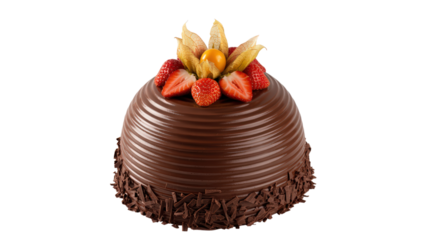 Eye-Catching Chocolate Cake Decorated with Strawberries and Physalis Fruit Looks So Amazing and Ready to be Served on Transparent Background for Celebration Day