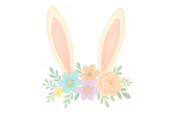 Watercolor bunny ears with pastel flowers and green leaves