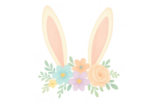 Watercolor bunny ears with pastel flowers and green leaves
