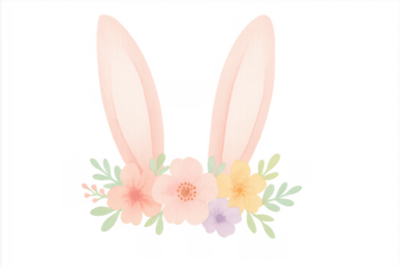 Watercolor bunny ears with spring flowers transparent background