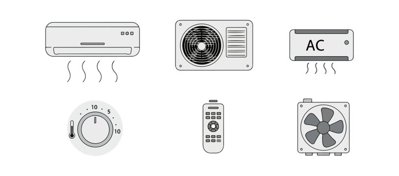 Air conditioning system components icons thermostat remote control vector illustration
