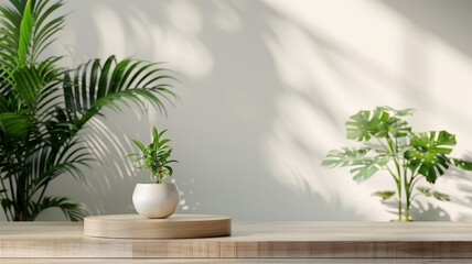 Green 3D podium in a lush forest, wooden base for product display, surrounded by white plants and tropical foliage.