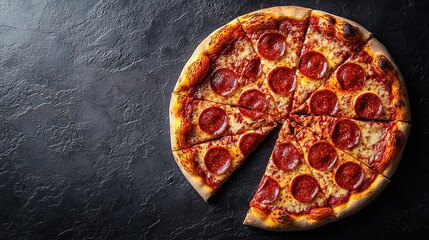 Sliced Pepperoni Olive Pizza, Black Background Missing Slice Visual Impact for Food Beverage Advertising and Western Fast Food Material