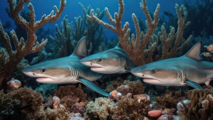 Fototapeta premium Three sharks swim in a vibrant coral reef environment, bathed in blue light