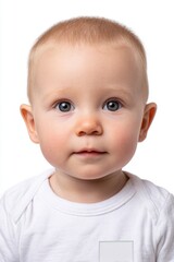 Close-up ID photo of a French baby boy with fair complexion on a white background