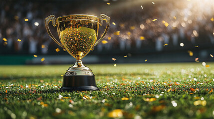 A golden trophy gleams on the green stadium grass as confetti rains down. The cheering crowd in the background celebrates a hard-earned victory and ultimate success in sports. Copy space
