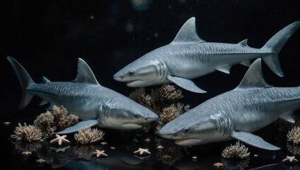 Three gray sharks swim near coral, stars visible in dark underwater scene
