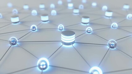 Illustrative 3D representation of connected data networks featuring servers and global nodes, ideal for technology, cloud computing, or digital infrastructure design projects - Powered by Adobe