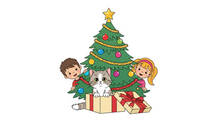 Christmas Scene with Kids and Cat: A festive Christmas scene unfolds with a decorated tree, charming children, and an adorable cat, all ready to celebrate the joyous season.