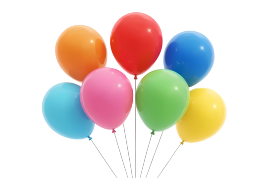 Seven colorful helium balloons, featuring primary and secondary colors like orange and green, are bunched together on thin white strings.