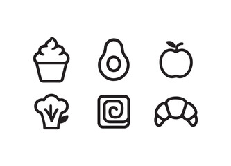 Outlined Food Icon Set Featuring Cupcake, Avocado, Apple, Broccoli, Cinnamon Roll, and Croissant in Minimalist Style Isolated Vector