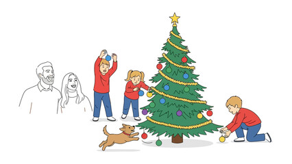Joyful Christmas Preparation: A family, filled with anticipation, decorates a Christmas tree, creating a heartwarming scene filled with festive cheer and love.