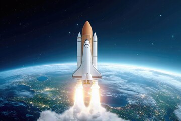 Naklejka premium Futuristic space shuttle launch over Earth as rockets lift off into the starry night sky