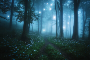 Fototapeta premium foggy night in an ancient forest, where glowing stars cast long, ethereal shadows on the forest floor