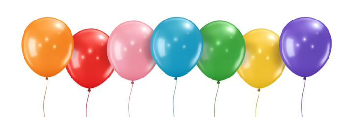 Celebrating with a rainbow of joy: seven party balloons, including orange, red, pink, and blue, stand ready for a festive occasion.
