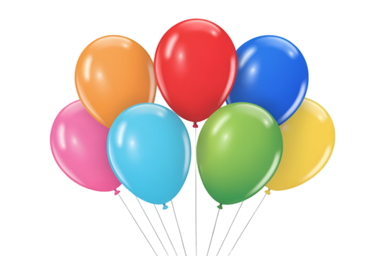 A bright cluster of seven party balloons in red, blue, green, yellow, orange, and pink, ready for a fun celebration event.