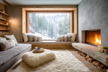 Fototapeta premium Cozy cabin living room with fireplace, window seat, and snowy forest view