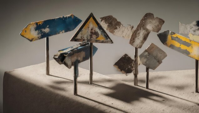 A collection of weathered road signs, affixed to poles, resting on a sand-colored surface
