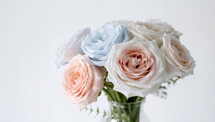 Fototapeta premium Delicate Arrangement of Pastel Roses in a Glass Vase Soft, Ethereal Lighting.