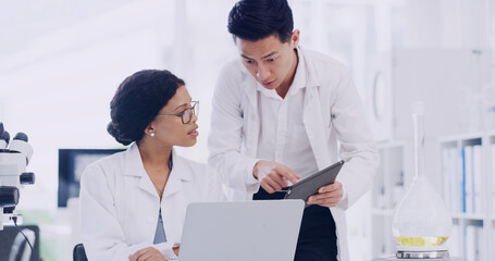 Help, research and tablet with people in lab for teamwork, science breakthrough and test results....