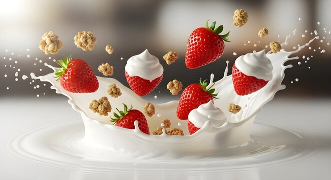 Fresh strawberries and crunchy granola splash into creamy milk for a vibrant breakfast treat
