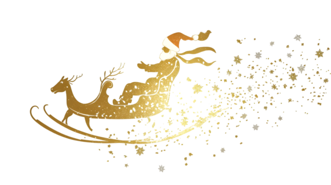 Golden santa claus in a sleigh pulled by a reindeer with pixelated effect on a black background design