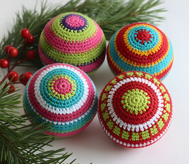 Four colorful handcrafted crochet christmas ornaments with festive holiday decorations and evergreen branches