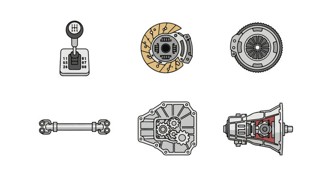 Automotive components illustration gear stick clutch and transmission parts