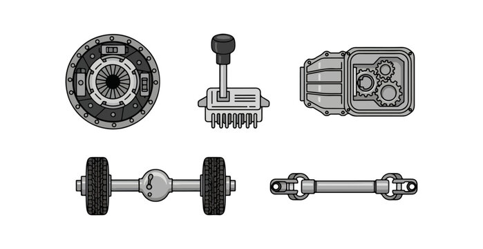 Automotive components illustration gearbox clutch transmission driveshaft