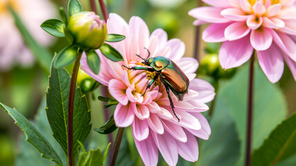 A close-up macro photograph of a metallic green Japanese beetle perched on a delicate pink dahlia flower