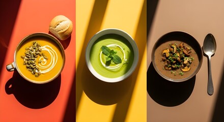 Enjoy vibrant bowls of healthy soup featuring fresh pumpkin, pea, and mushroom