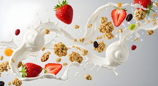 Delicious breakfast explosion with fresh strawberries, milk, and crunchy granola
