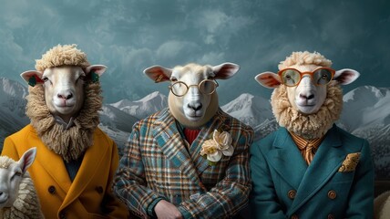 Group of sheep in high-end attire at moonlit gala.