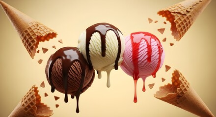 Delicious scoops of ice cream with chocolate, vanilla, and strawberry flavors