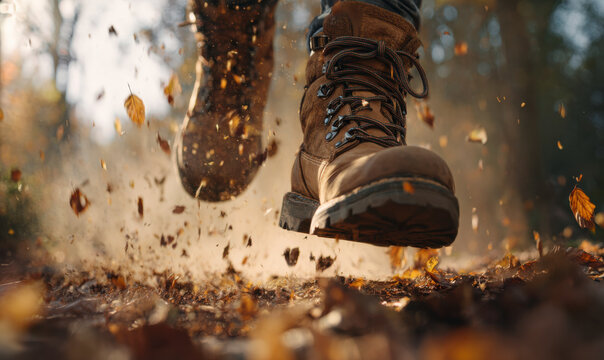 Leather hiking boots stomp through a forest path on an autumn day.