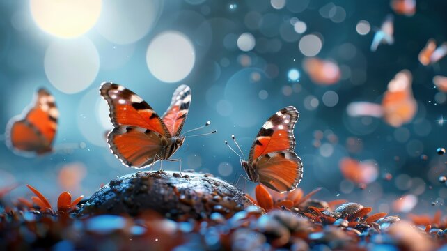 Group of butterflies in high-end attire at moonlit soirée.