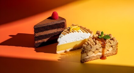 Indulge in a decadent dessert trio of chocolate cake, lemon tart, and apple pie