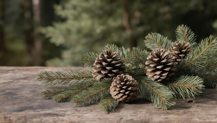 Close-up of fir branches with pinecones on a rustic wooden surface, outdoors