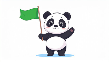 Naklejka premium Cute panda character holding a green flag