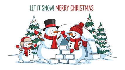 Festive Snowman: A joyous Christmas scene unfolds, with three snowmen, snow-covered igloo, and towering evergreen trees, epitomizing the festive season.