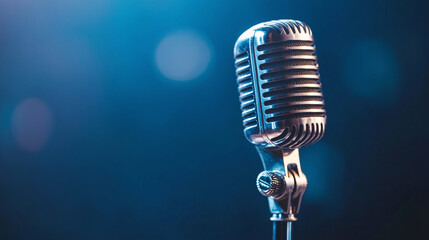 Vintage Microphone on Stage. Copy space, ideal for banner, advertisement, or promotional use.