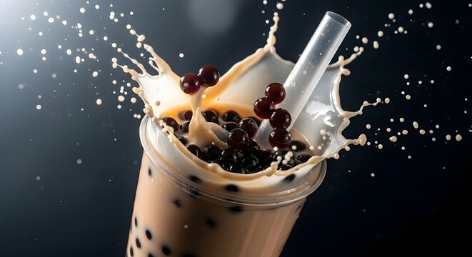 Dynamic bubble tea splash with creamy liquid and dark tapioca pearls