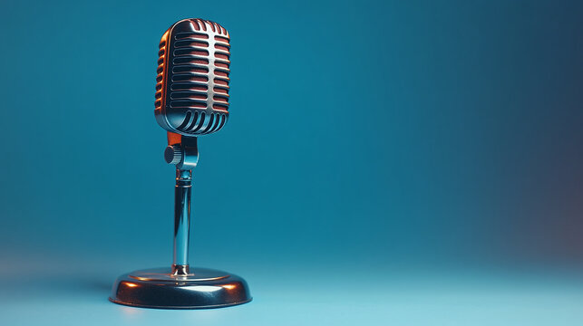 Vintage Microphone on Stage. Copy space, ideal for banner, advertisement, or promotional use.